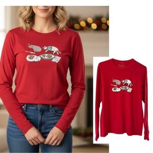Vera Bradley Christmas Red Long Sleeve T-Shirt Cat Design Size Medium